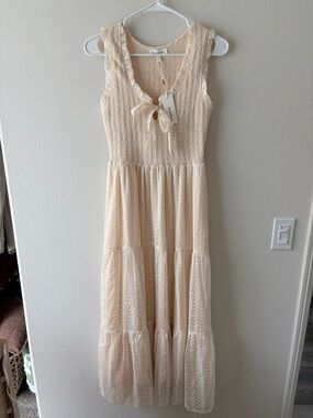 Tiered Cream Maxi Dress with Tie Neck